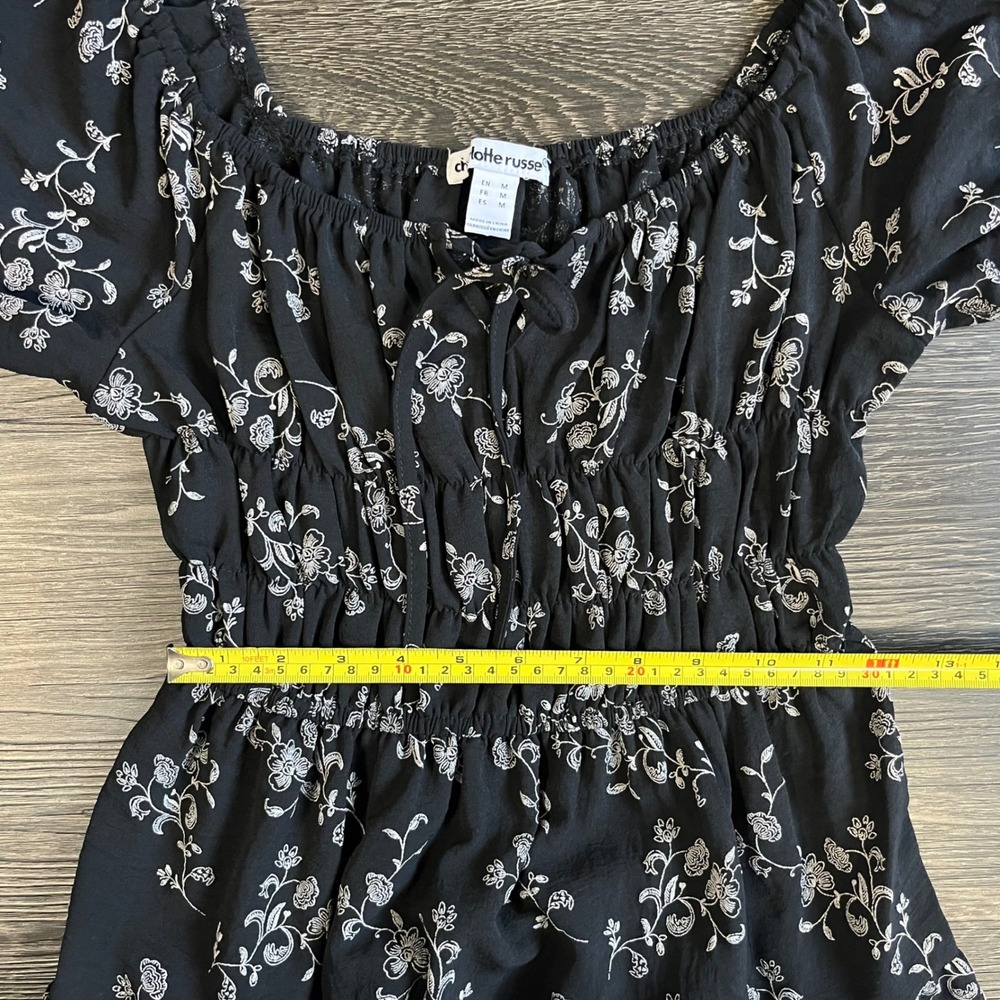 Charlotte Russe Black Floral Puff Sleeve Tiered Mini Dress Medium Coquette - Picture 8 of 8